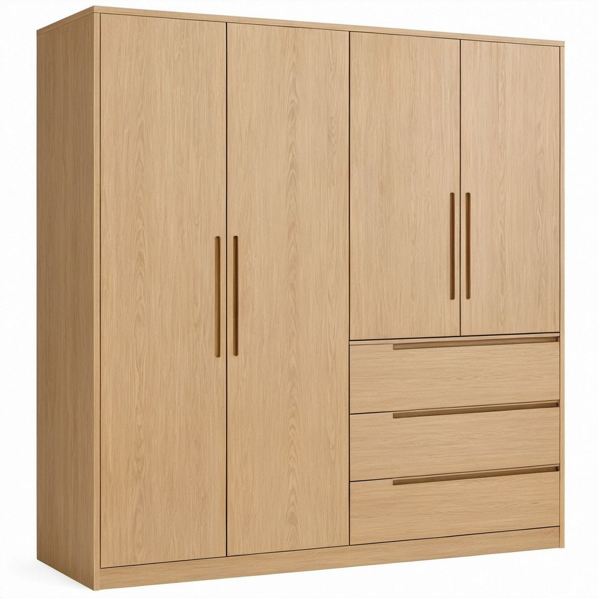 Roupeiro Retangular em Carvalho Claro com 4 Portas e 3 Gavetas, 180 x 60 x 220 cm
