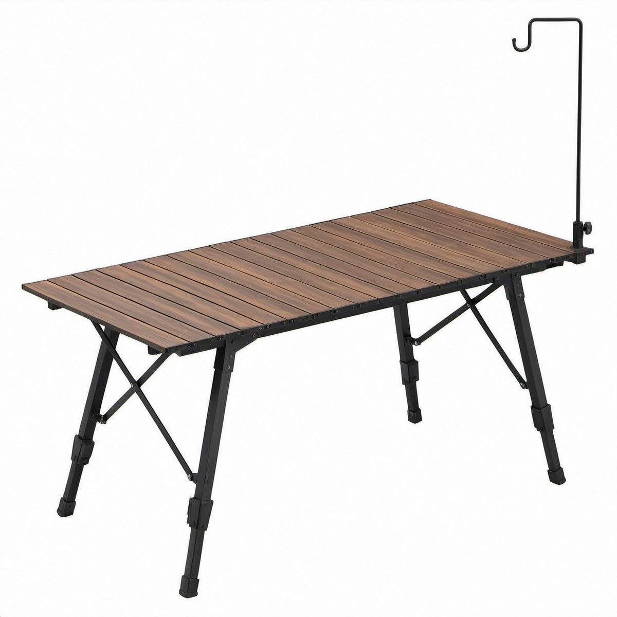 Mesa Dobrável em Alumínio Castanha e Preta 120 x 60 cm com Altura Ajustável 45-65 cm e Gancho para Lanterna