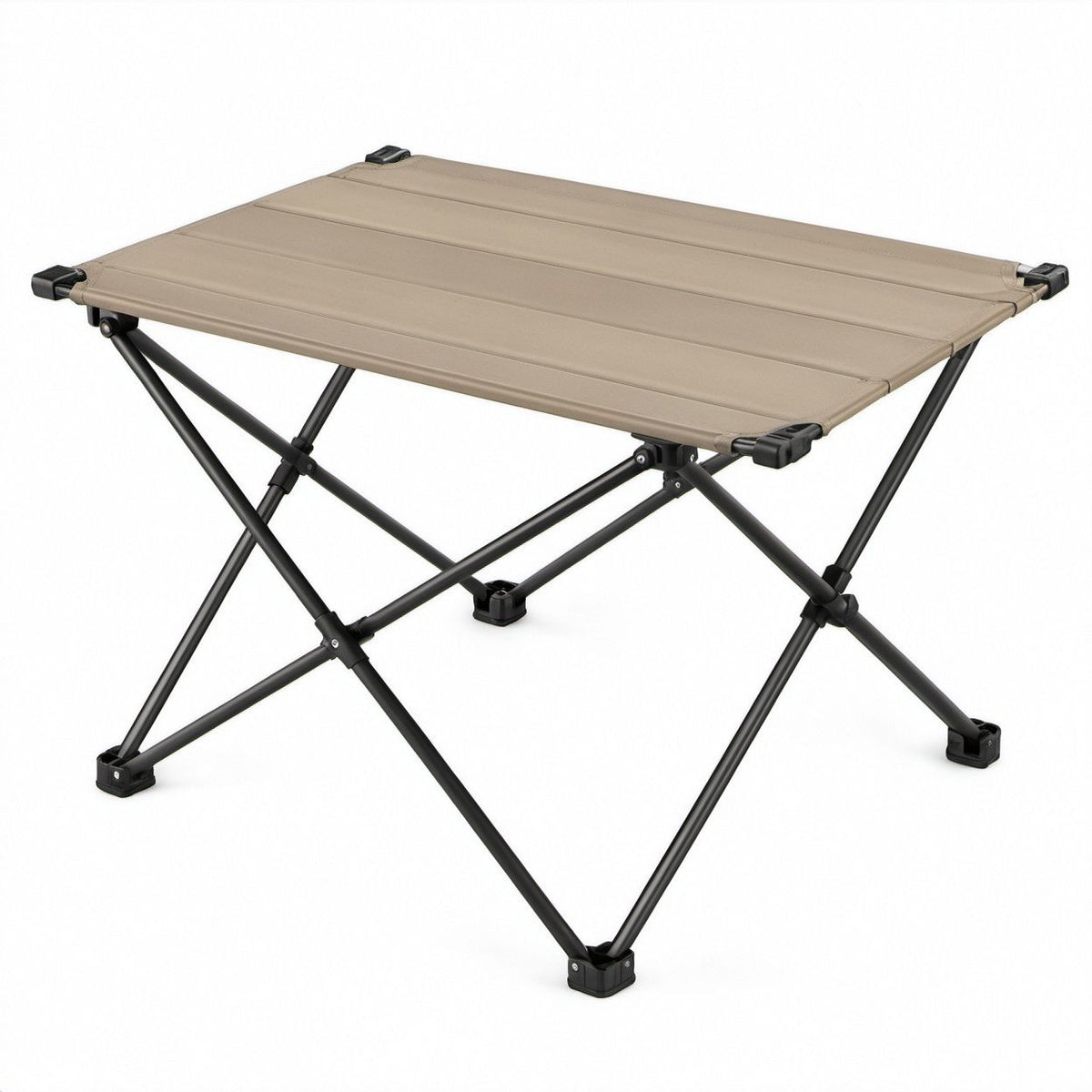 Mesa de Campismo Dobrável Retangular Bege e Preta em Poliéster 600D e Alumínio, 95 x 55 x 50 cm